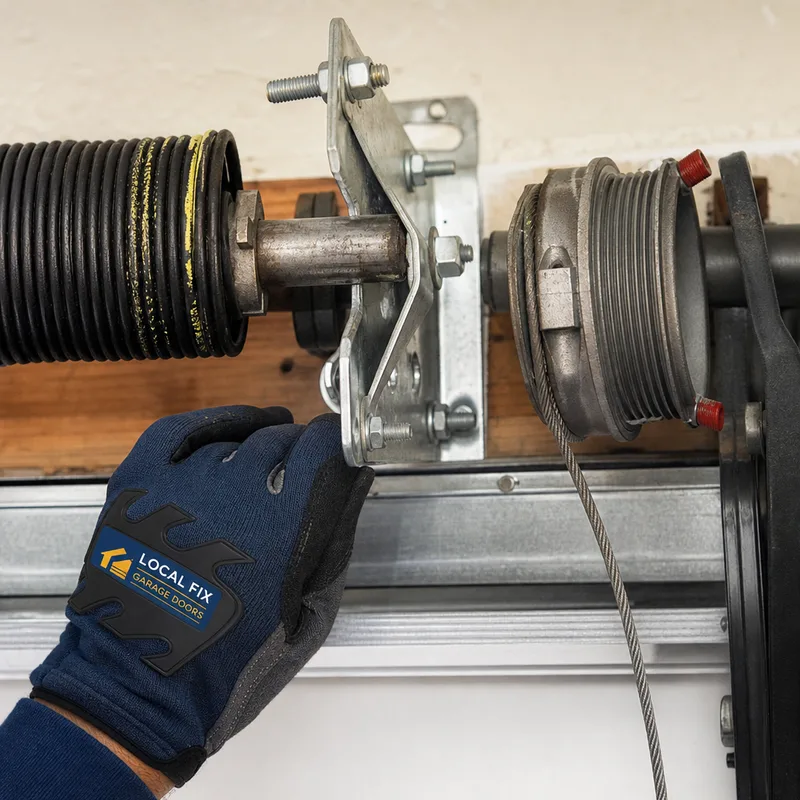 Close-up of a garage door torsion spring assembly with winding cone, center bearing plate, and cable drum