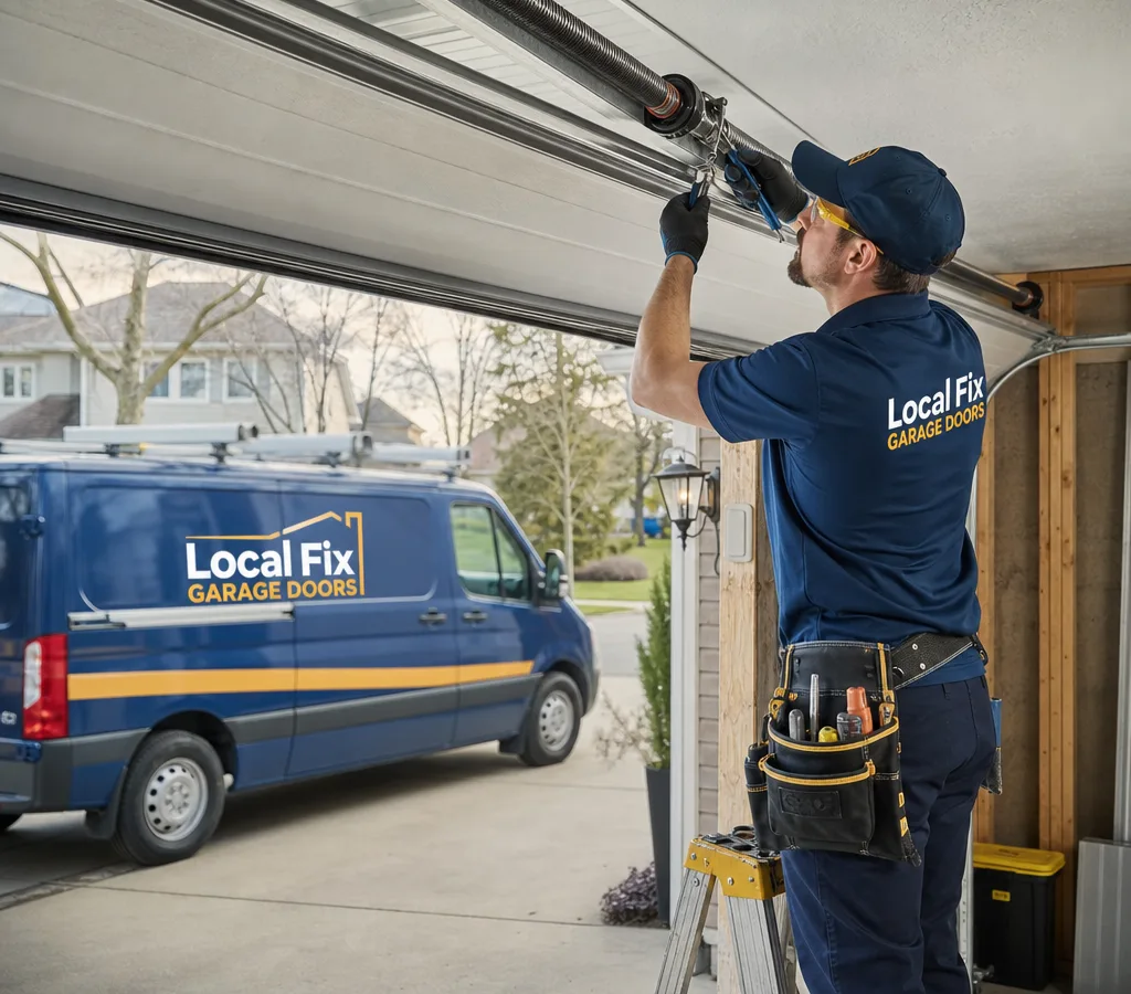 Technician in a Columbus driveway inspecting a sectional garage door and opener rail with tools and safety gear
