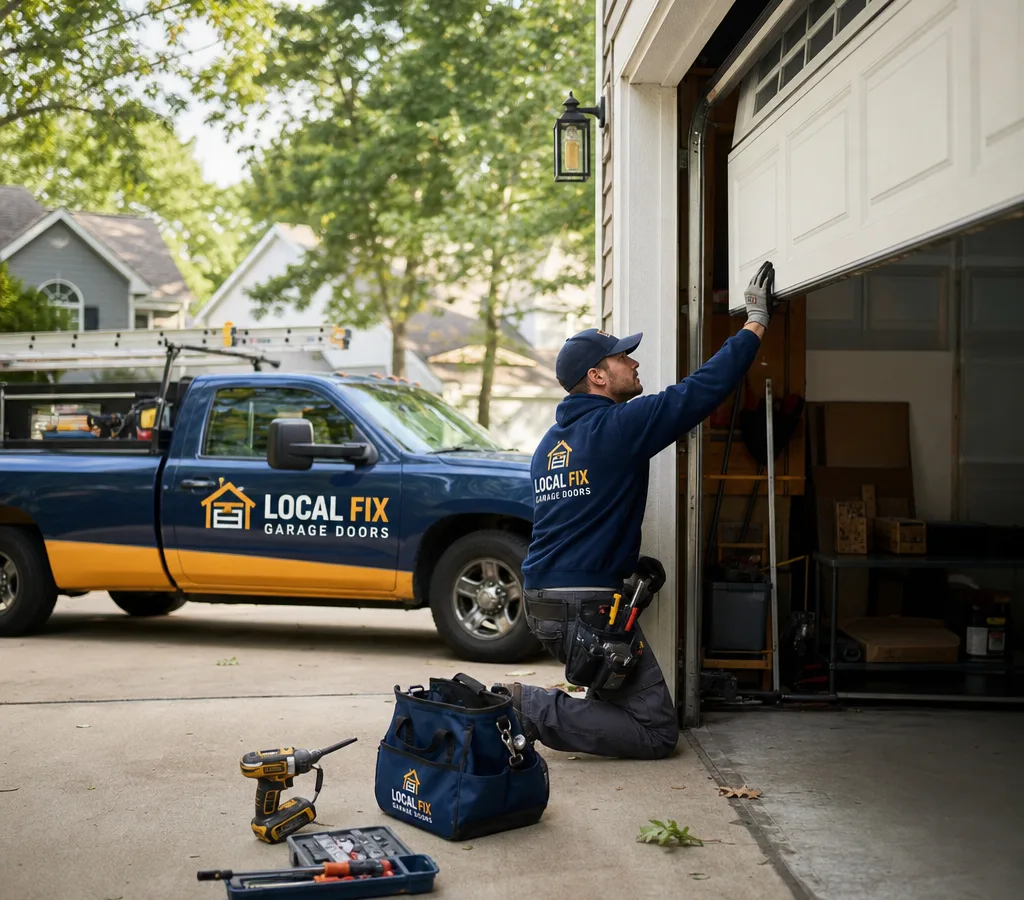 Technician at a Columbus driveway inspecting a sectional garage door and opener with tools laid out