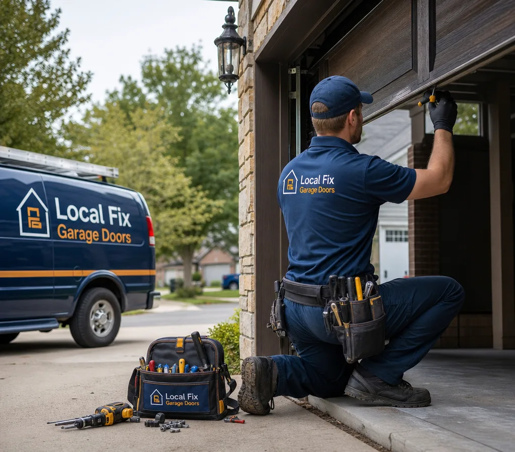 Technician servicing a residential garage door in a Columbus driveway with tools visible and the door partially open