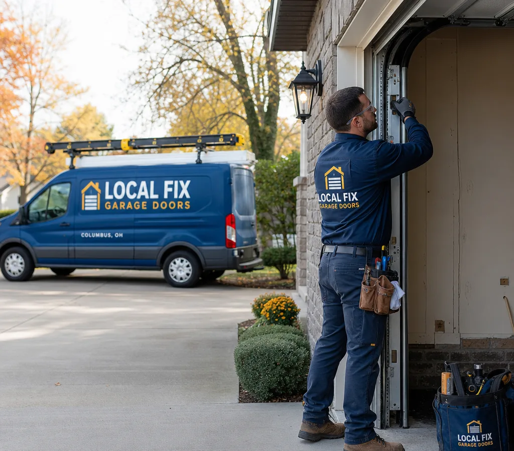 Local Fix Garage Doors technician inspecting a residential sectional garage door and track in Columbus, Ohio