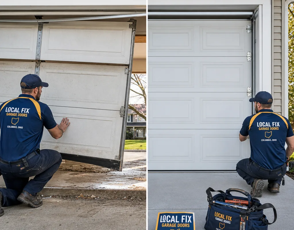 Before-and-after view of a misaligned garage door and track corrected for level, smooth travel