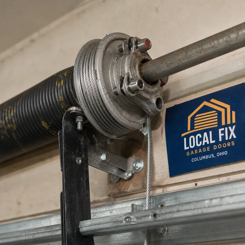 Close-up of a torsion spring and cable drum assembly with winding cone, set screws, and seated lift cable