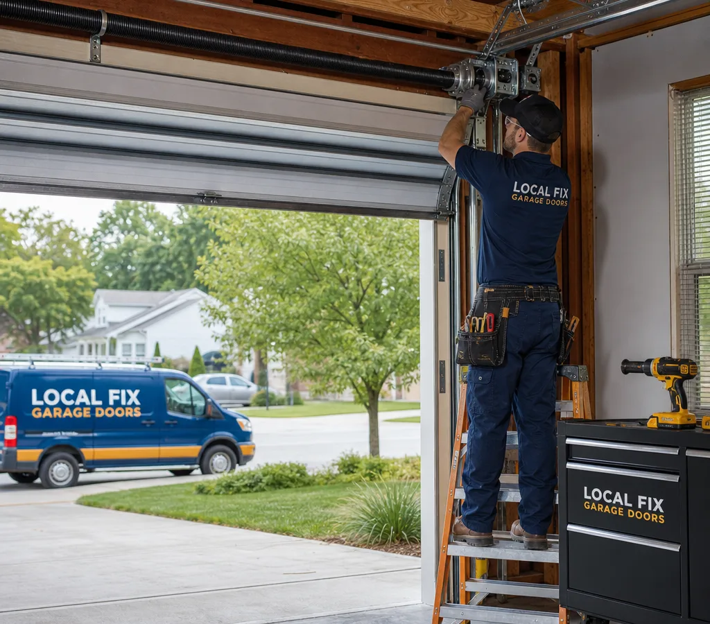 Technician servicing a partially open residential garage door in Columbus with springs, rollers, and tracks visible