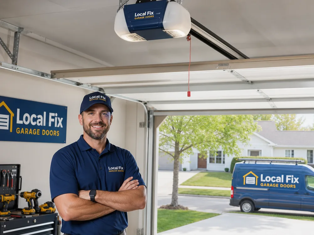 Modern garage door opener and rail installation with safety sensors mounted at both tracks