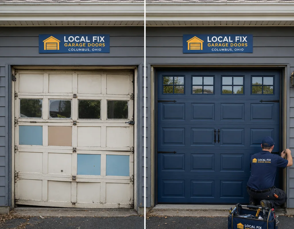 Comparison of an older dented garage door and its new replacement with updated hardware and weather seal