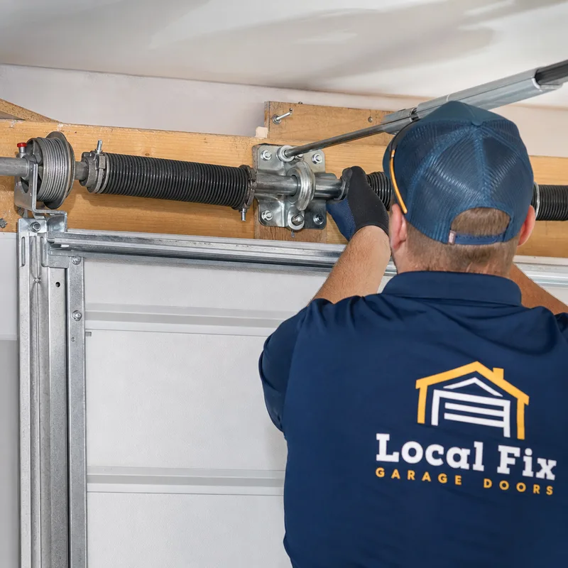 Close-up of a properly aligned torsion spring setup above a new garage door with clean hardware and routed lift cables