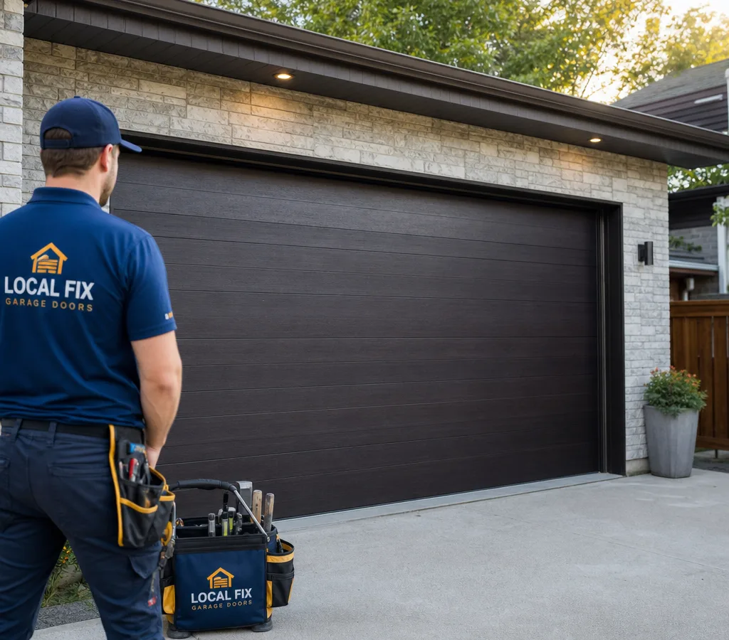 Newly installed modern residential garage door on a Columbus home, aligned evenly with clean trim and a quiet-rated opener rail