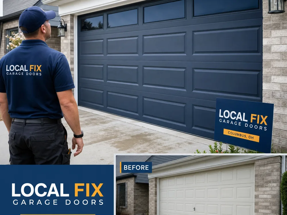 Newly installed insulated steel garage door with clean panel alignment on a Columbus-area home