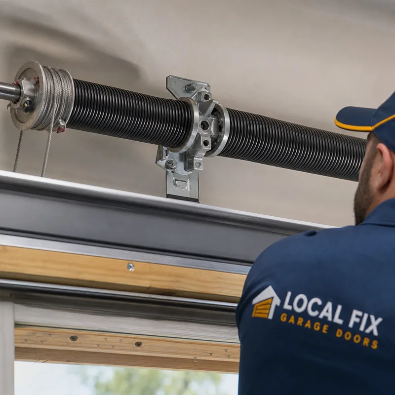 Properly aligned torsion spring setup with center bearing plate and cable drums on a newly installed garage door