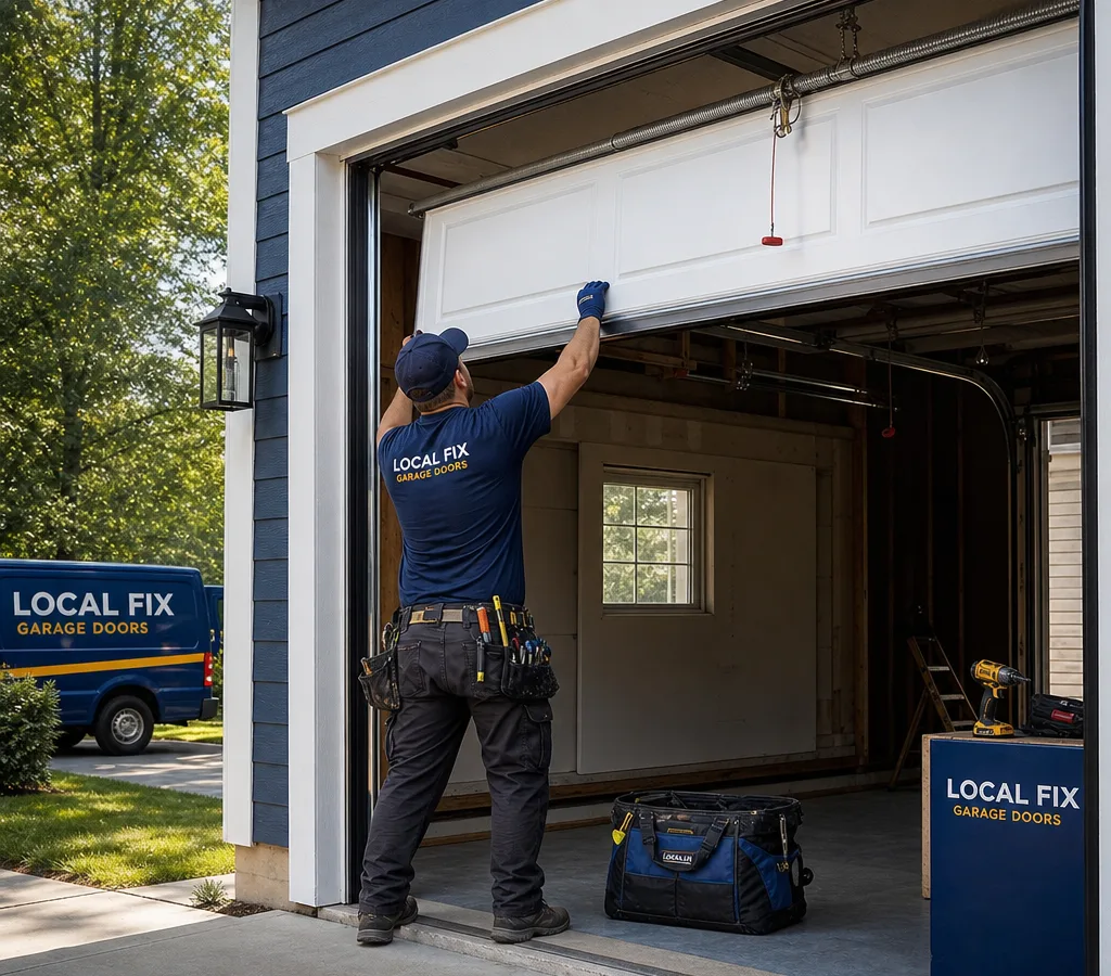Installer setting a sectional garage door into a Columbus-area home opening with tracks, springs, and neatly staged tools