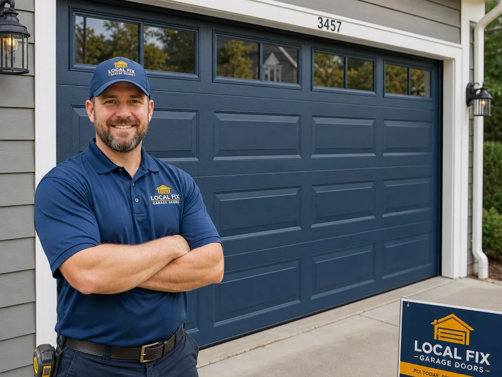 Finished insulated steel garage door installed on a Columbus home with aligned panels and intact trim
