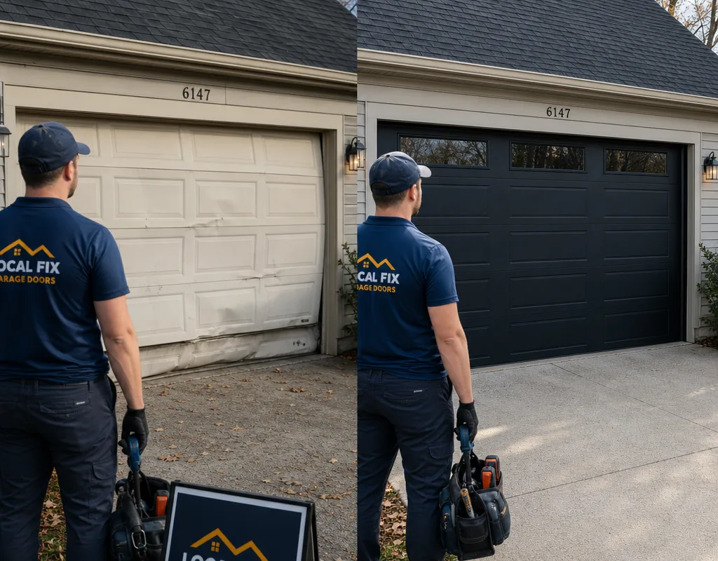 Before-and-after comparison of an older dented door replaced with a properly aligned modern garage door