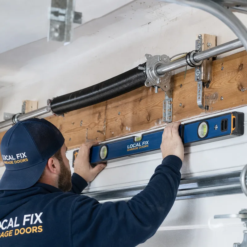 Technician checking aligned garage door tracks, rollers, torsion spring shaft, and secure back-hang supports