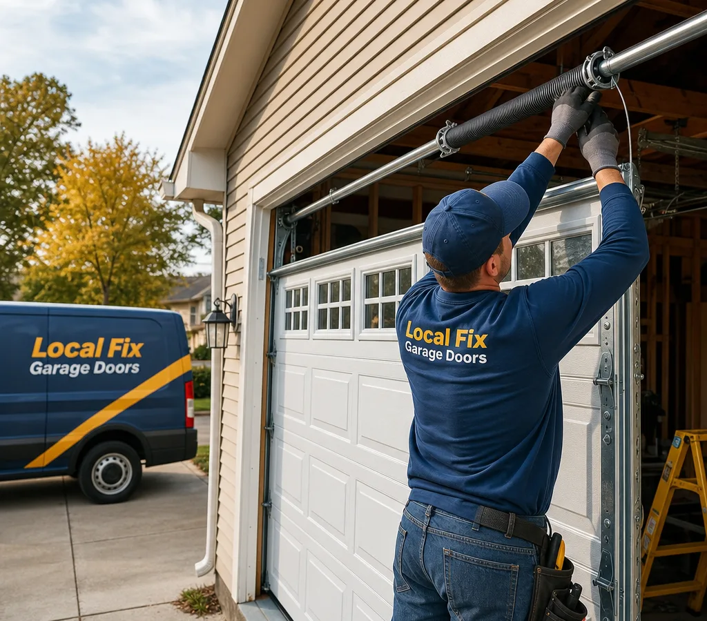 Technician installing a new sectional garage door on a Columbus home with tracks and torsion spring system visible