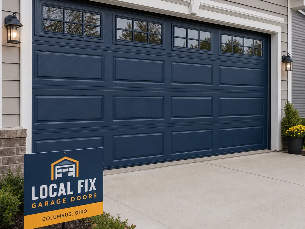 New insulated steel sectional garage door installed on a two-car garage with even panel spacing and clean track alignment