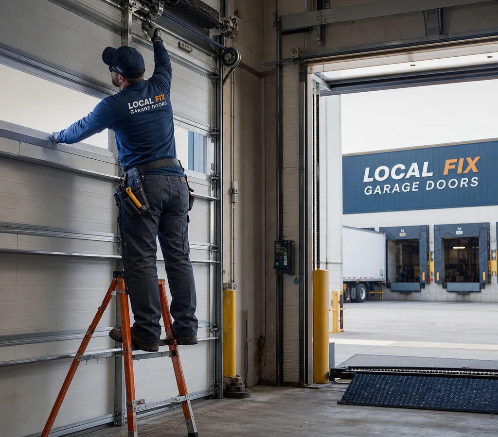 Technician servicing a sectional commercial overhead door at a Columbus loading dock with visible tracks, torsion springs, and dock equipment