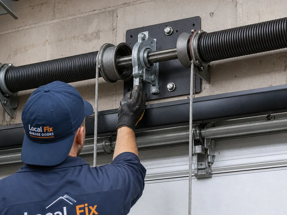 Close-up of a commercial torsion spring and shaft assembly above a loading dock door showing the bearing plate, drums, and lift cables