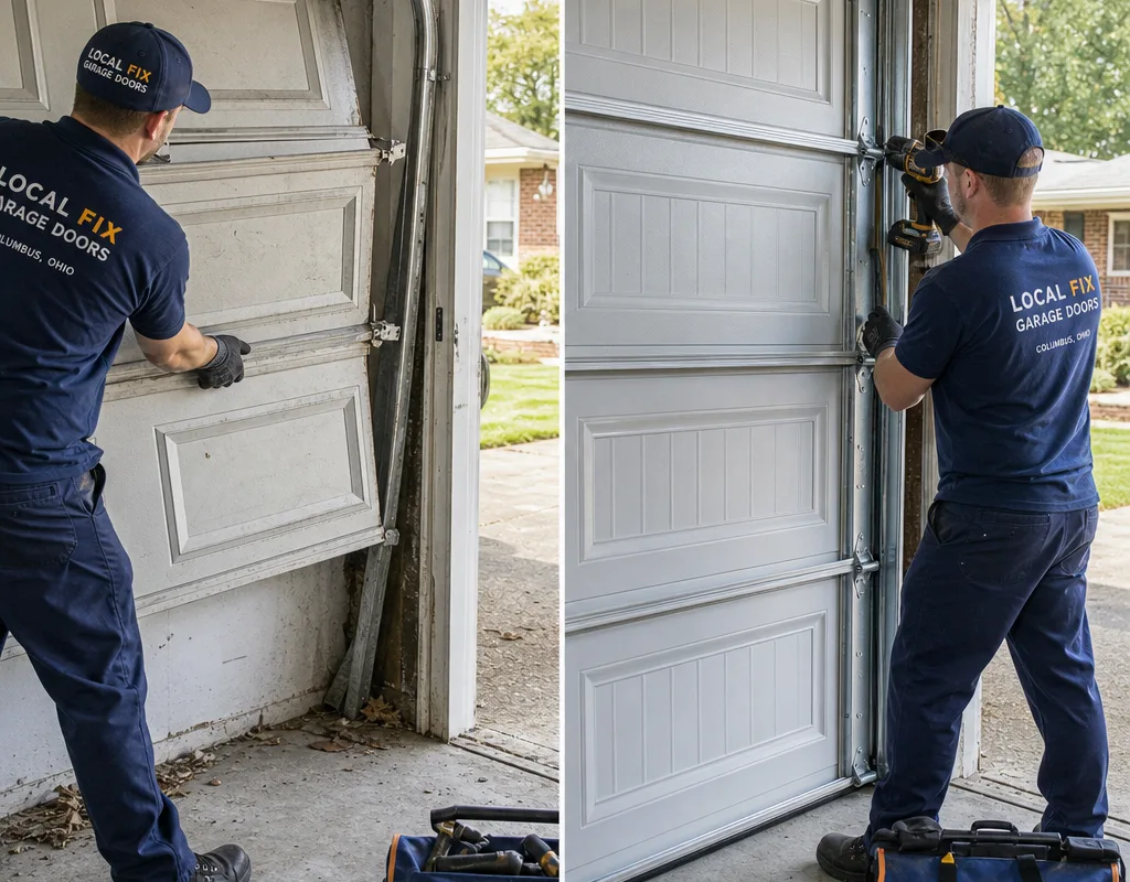 Before and after views of an off-track garage door reset with corrected track and replacement rollers