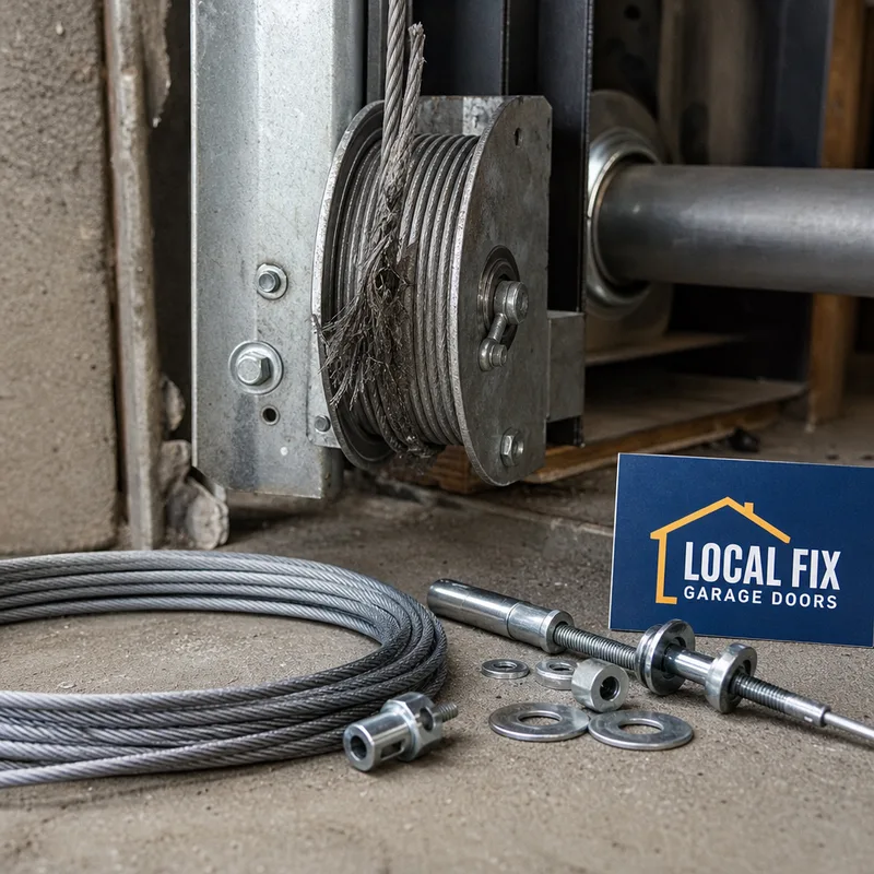 Frayed garage door lift cable near the bottom bracket with replacement cable and hardware prepared for installation