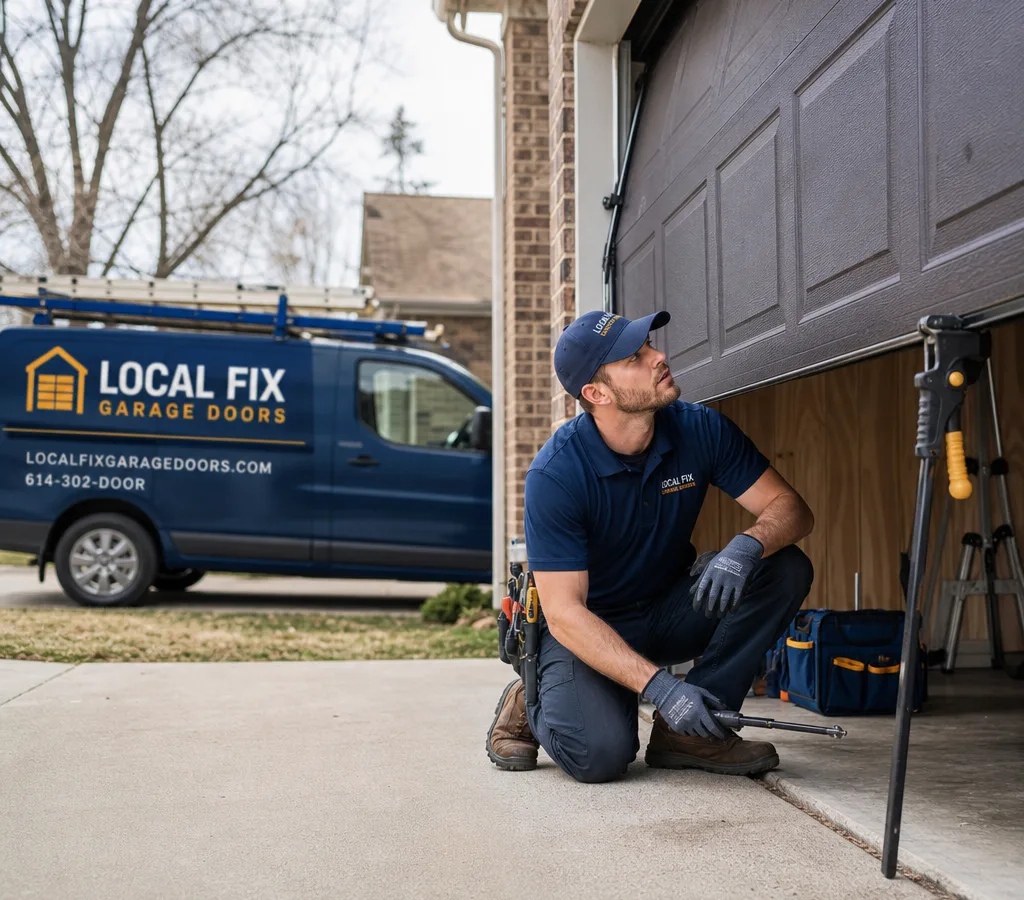 Technician inspecting a partially open residential garage door secured with a safety clamp in a Columbus driveway