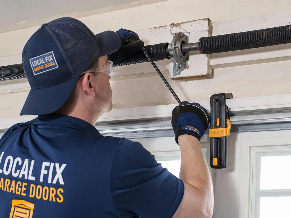 Technician using winding bars on a garage door torsion spring with eye protection and a safety clamp on the track