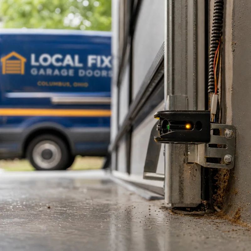 Close-up of properly aligned garage door safety sensors near the floor on both sides of the track, with indicator lights visible and clean lenses