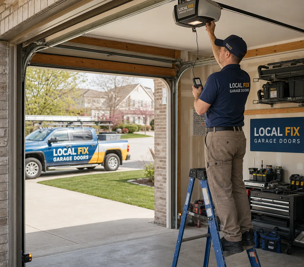 Technician in a Columbus driveway testing a ceiling-mounted garage door opener with a ladder and diagnostic tools, with the door fully open and safety sensors visible