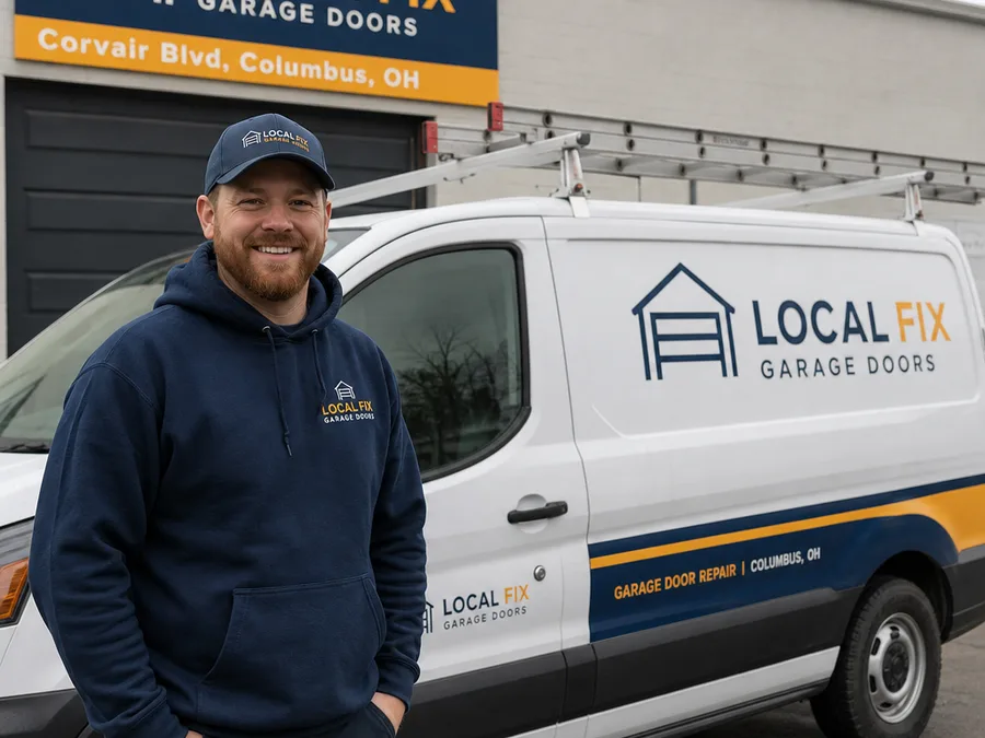 Local Fix Garage Doors technician and service vehicle outside the Columbus shop